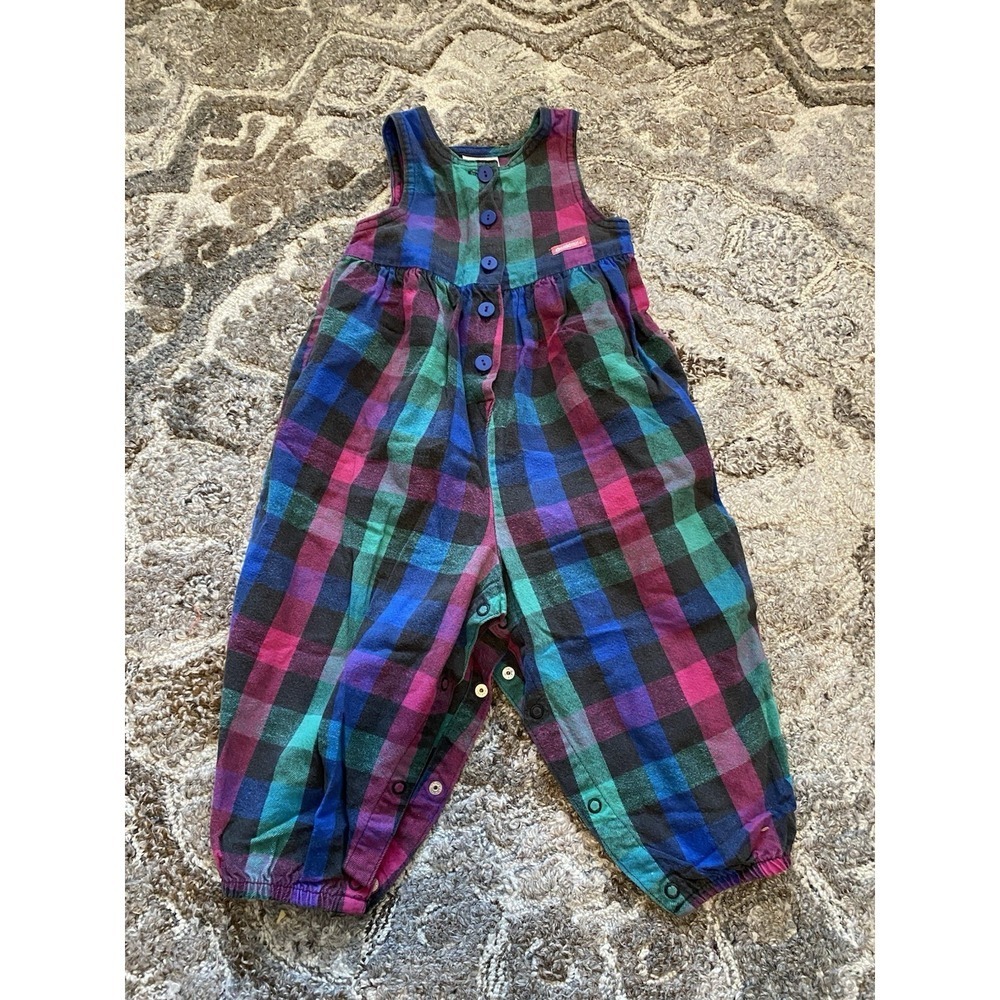 VTG 90's Oshkosh B Gosh Plaid Overall Size 2T Bubble School Snaps Blue Pink